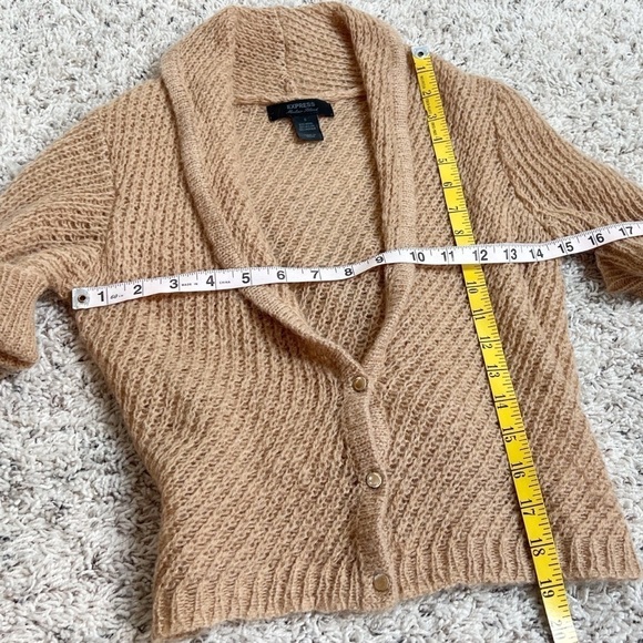 Express Mohair Wool Tan Short Sleeve Cropped Cowl Neck Knit Cardigan Sweater S - Picture 8 of 10